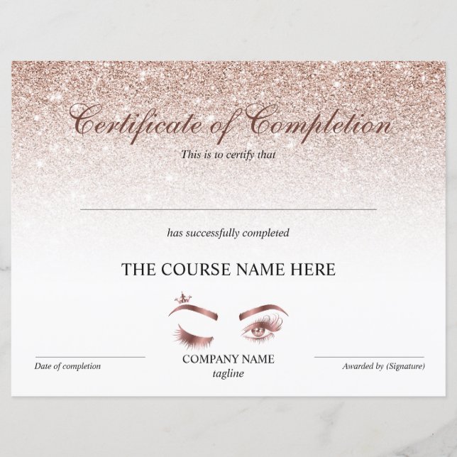 Certificate of Completion Award lashes Course (Front)