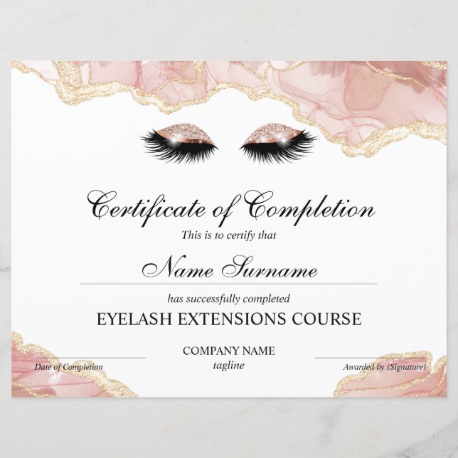 Certificate of Completion Award lashes Course (Front)