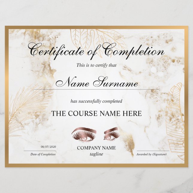 Certificate of Completion Award lashes Course (Front)