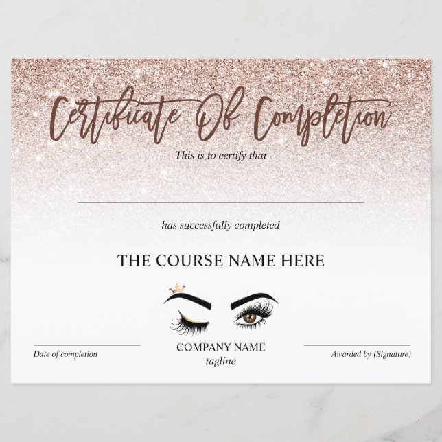 Certificate of Completion Award lashes Course (Front)