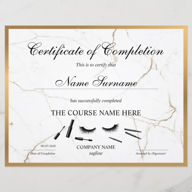 Certificate of Completion Award lashes Course (Front)