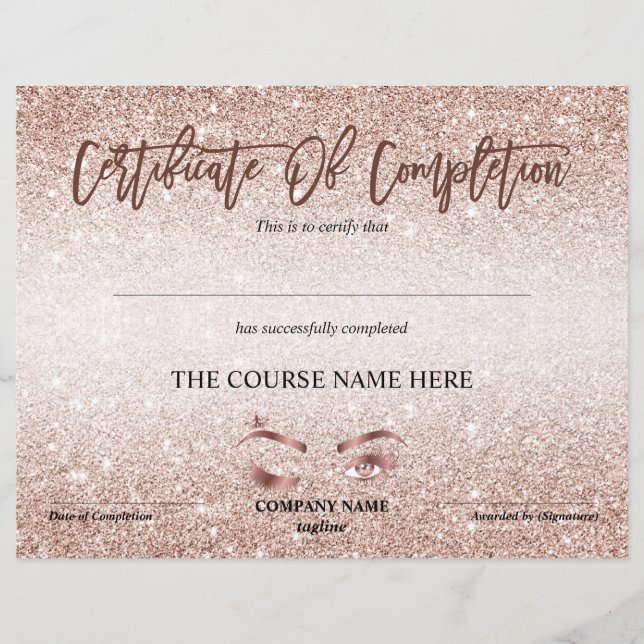 Certificate of Completion Award lashes Course (Front)