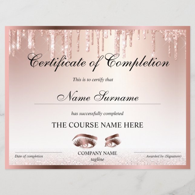 Certificate of Completion Award lashes Course (Front)