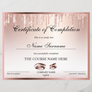 Certificate of Completion Award lashes Course