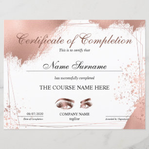 Certificate of Completion Award lashes Course