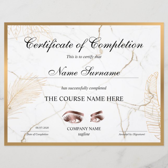 Certificate of Completion Award lashes Course (Front)