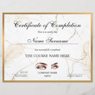 Certificate of Completion Award lashes Course