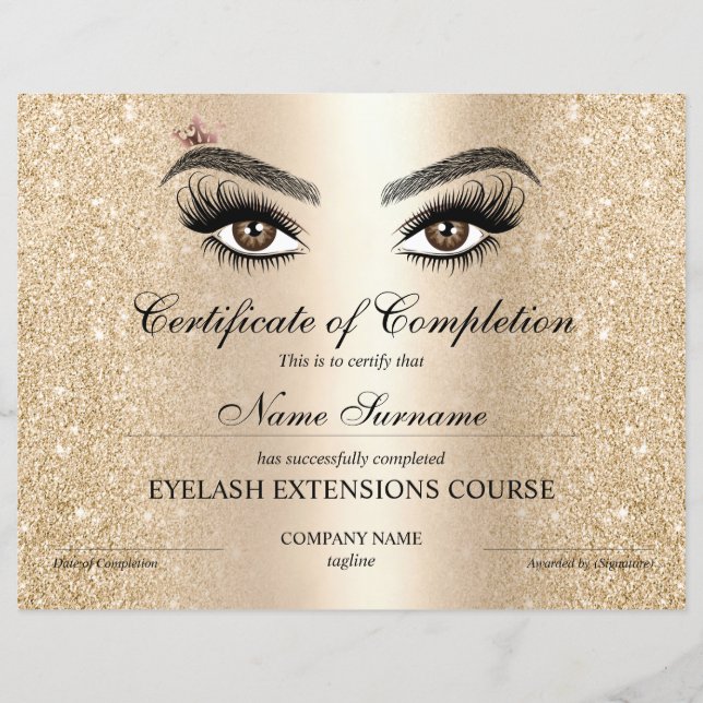 Certificate of Completion Award lashes Course (Front)