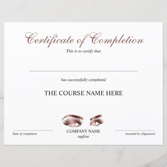 Certificate of Completion Award lashes Course (Front)