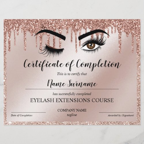 Certificate of Completion Award lashes Course