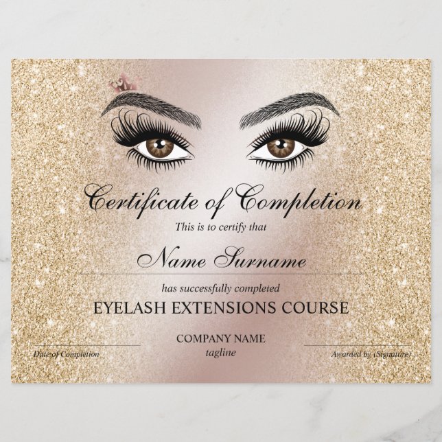 Certificate of Completion Award lashes Course (Front)