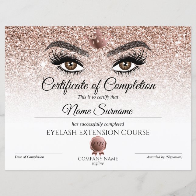 Certificate of Completion Award lashes Course (Front)