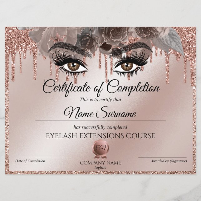 Certificate of Completion Award lashes Course (Front)