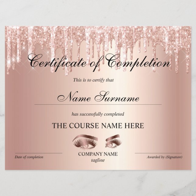 Certificate of Completion Award lashes Course (Front)