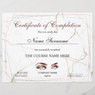 Certificate of Completion Award lashes Course