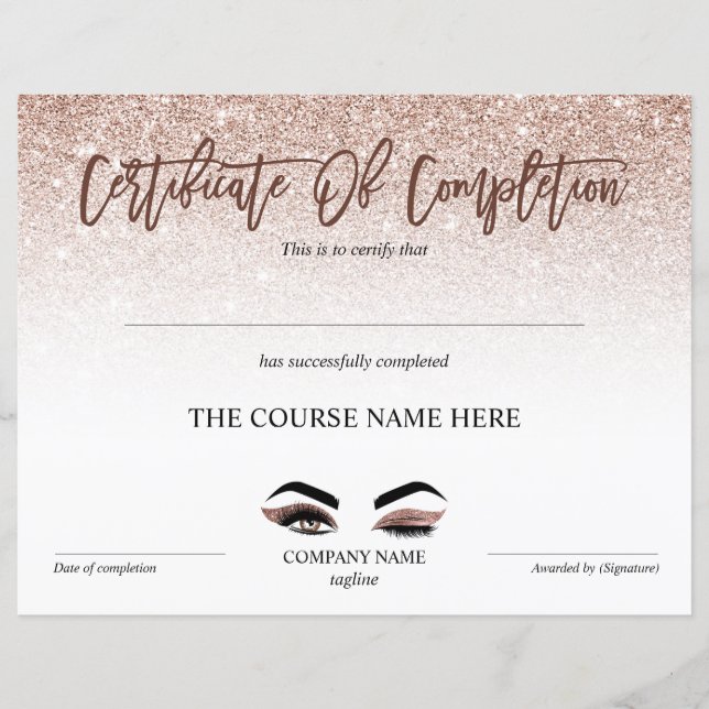 Certificate of Completion Award lashes Course (Front)