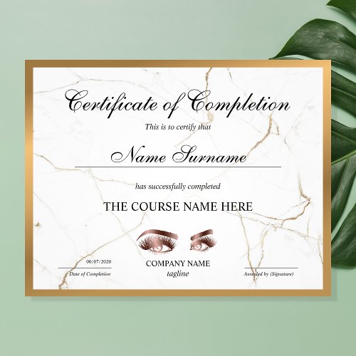 Certificate of Completion Award lashes Course