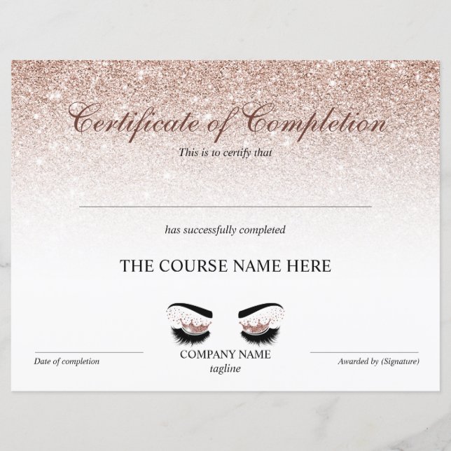 Certificate of Completion Award lashes Course (Front)