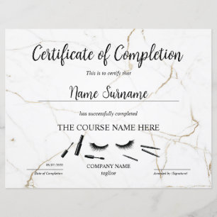 Certificate of Completion Award lashes Course