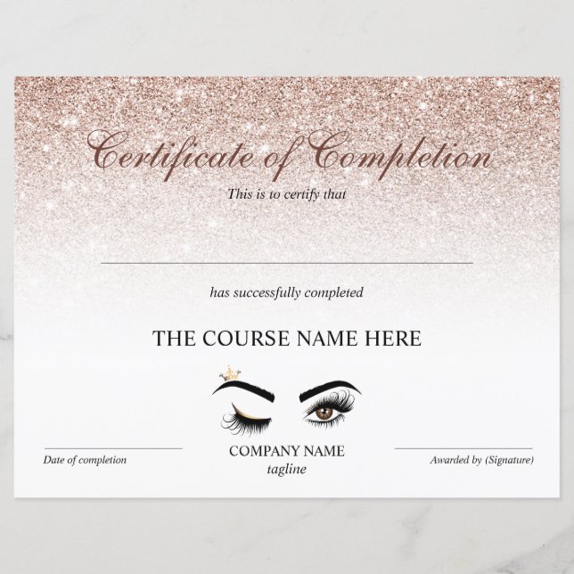 Certificate of Completion Award lashes Course (Front)