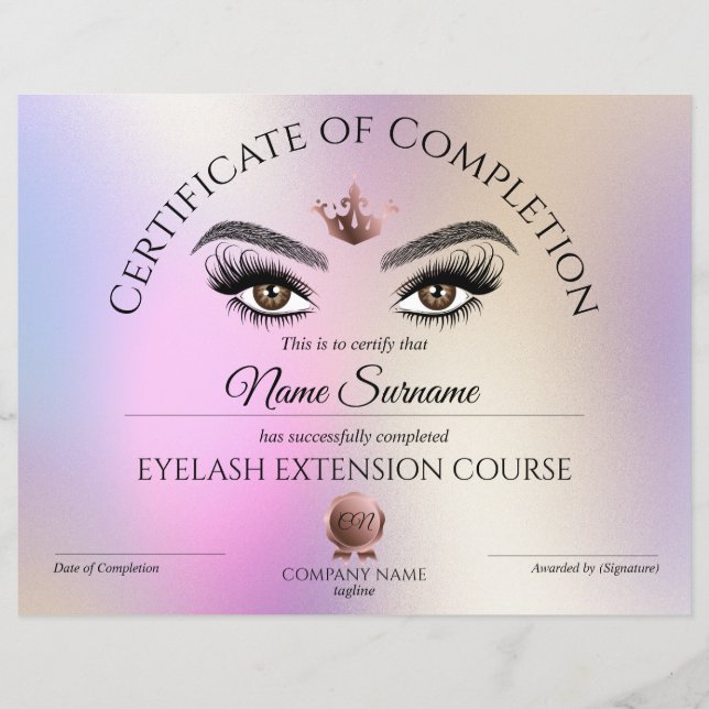 Certificate of Completion Award lashes Course (Front)