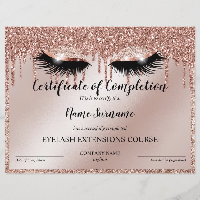 Certificate of Completion Award lashes Course (Front)