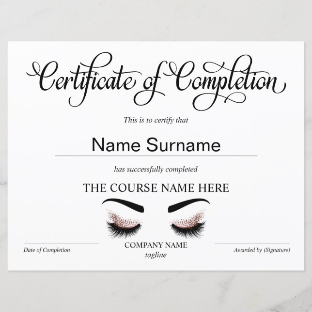 Certificate of Completion Award lashes Course (Front)