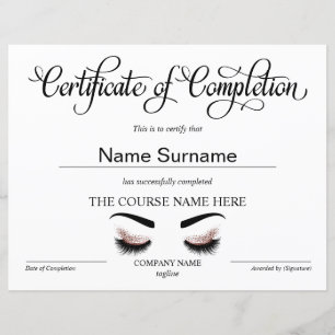Certificate of Completion Award lashes Course