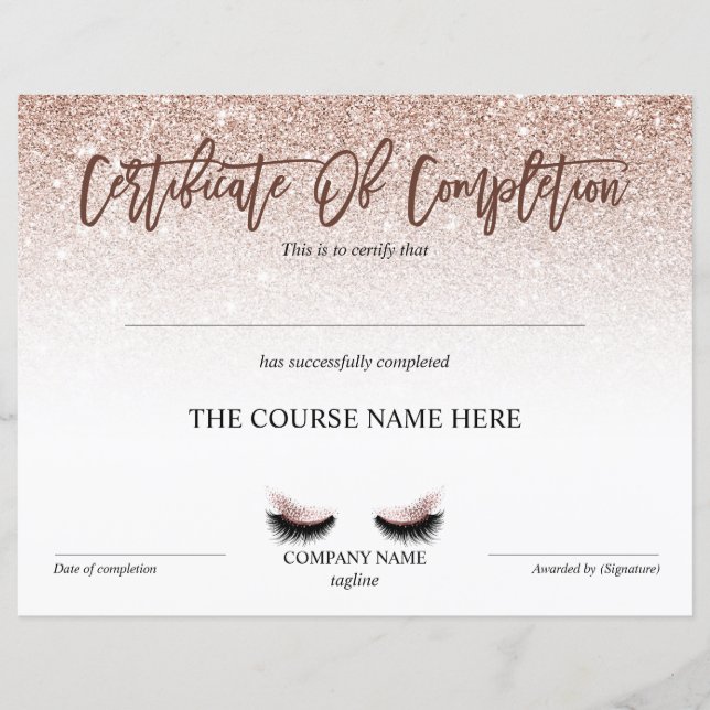 Certificate of Completion Award lashes Course (Front)