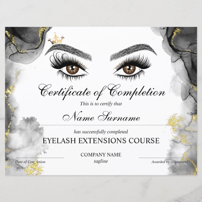 Certificate of Completion Award lashes Course (Front)