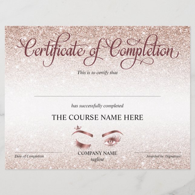Certificate of Completion Award lashes Course (Front)