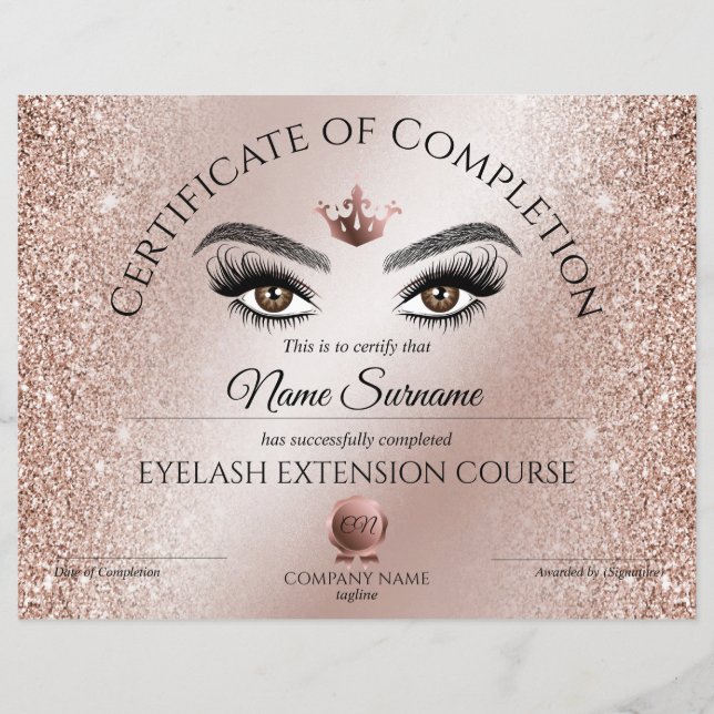 Certificate of Completion Award lashes Course (Front)