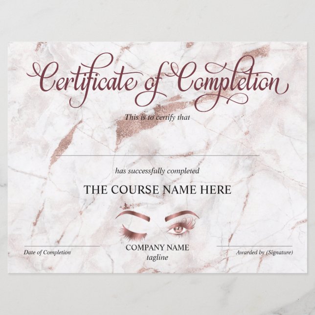 Certificate of Completion Award lashes Course (Front)