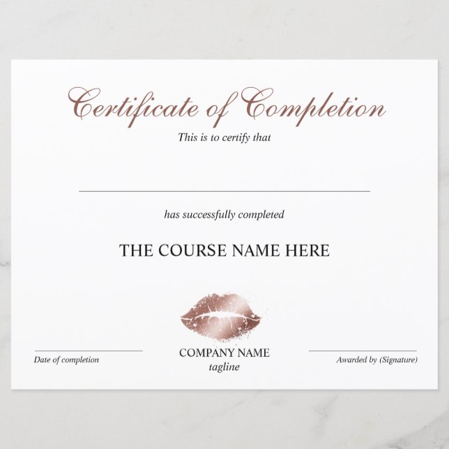 Certificate of Completion Award lashes Course lips (Front)