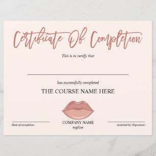 Certificate of Completion Award lashes Course lips
