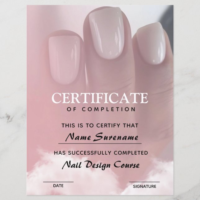 Certificate of Completion Award Nail Course (Front)