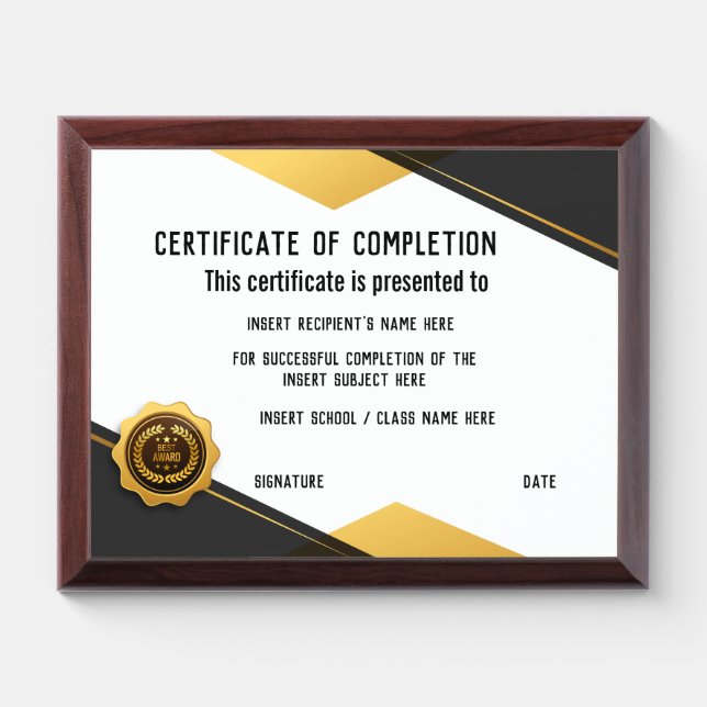 Certificate of Completion Award Plaque (Horizontal)