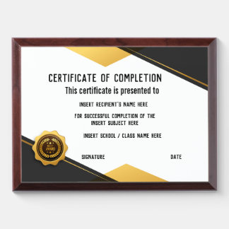 Certificate of Completion Award Plaque