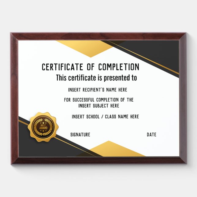 Certificate of Completion Award Plaque (Horizontal)