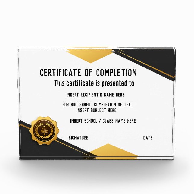 Certificate of Completion Award Plaque (Front)