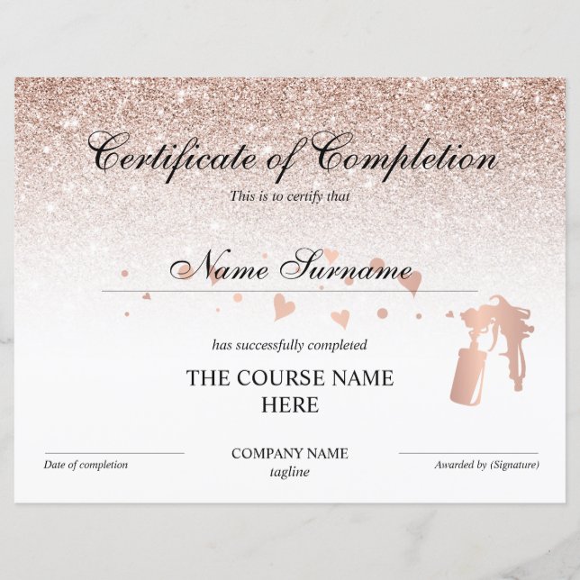 Certificate of Completion Award Spray Tans Course (Front)