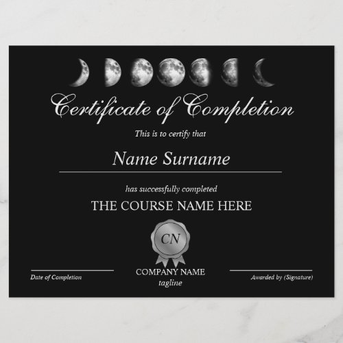 Certificate of Completion Award Yoga Moon