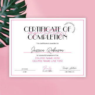 Certificate of Completion Beauty Lashes Pink Award