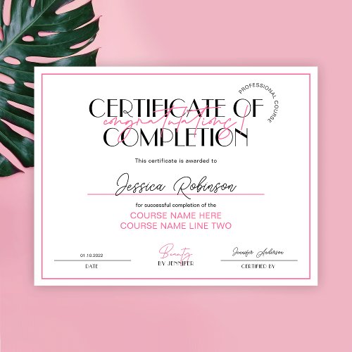 Certificate of Completion Beauty Lashes Pink Award