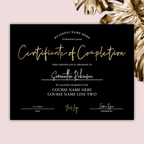 Certificate of Completion Black Gold Beauty Award