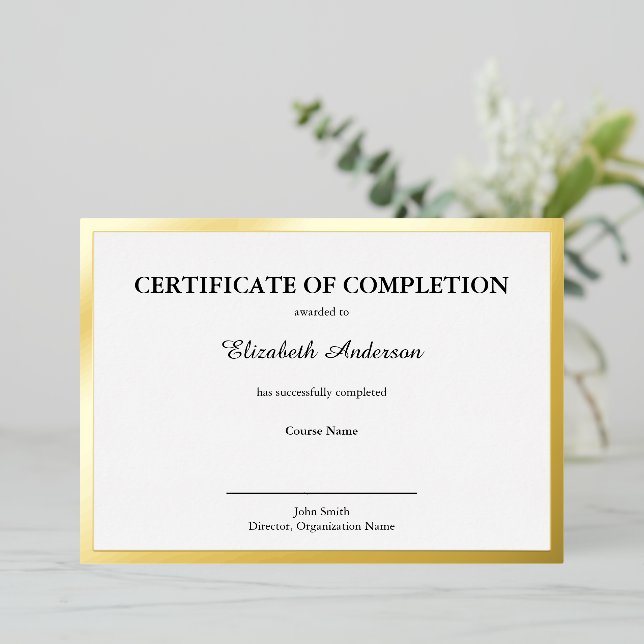 Certificate of Completion Black White & Gold Card (Standing Front)