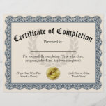 Certificate of Completion Blue Customizable 8.5x11