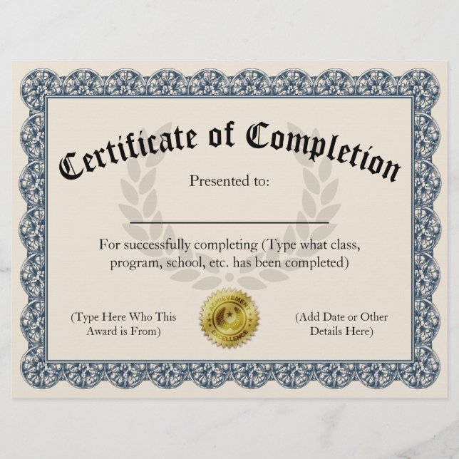 Certificate of Completion Blue Customizable 8.5x11 (Front)