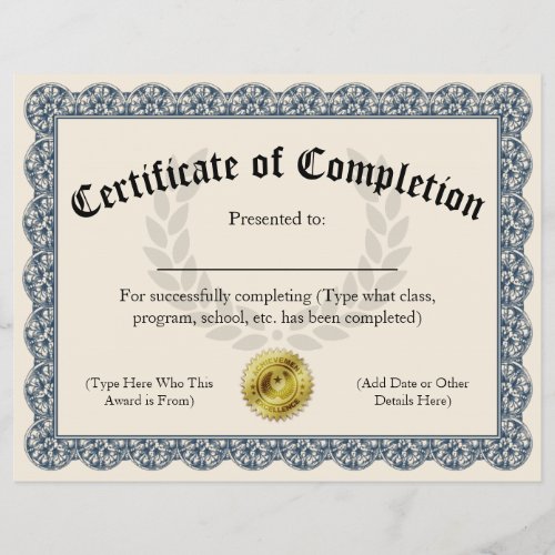 Certificate of Completion Blue Customizable 85x11