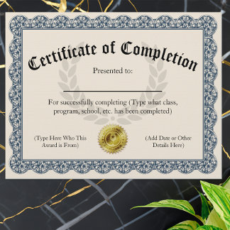 Certificate of Completion Blue Customizable 8.5x11